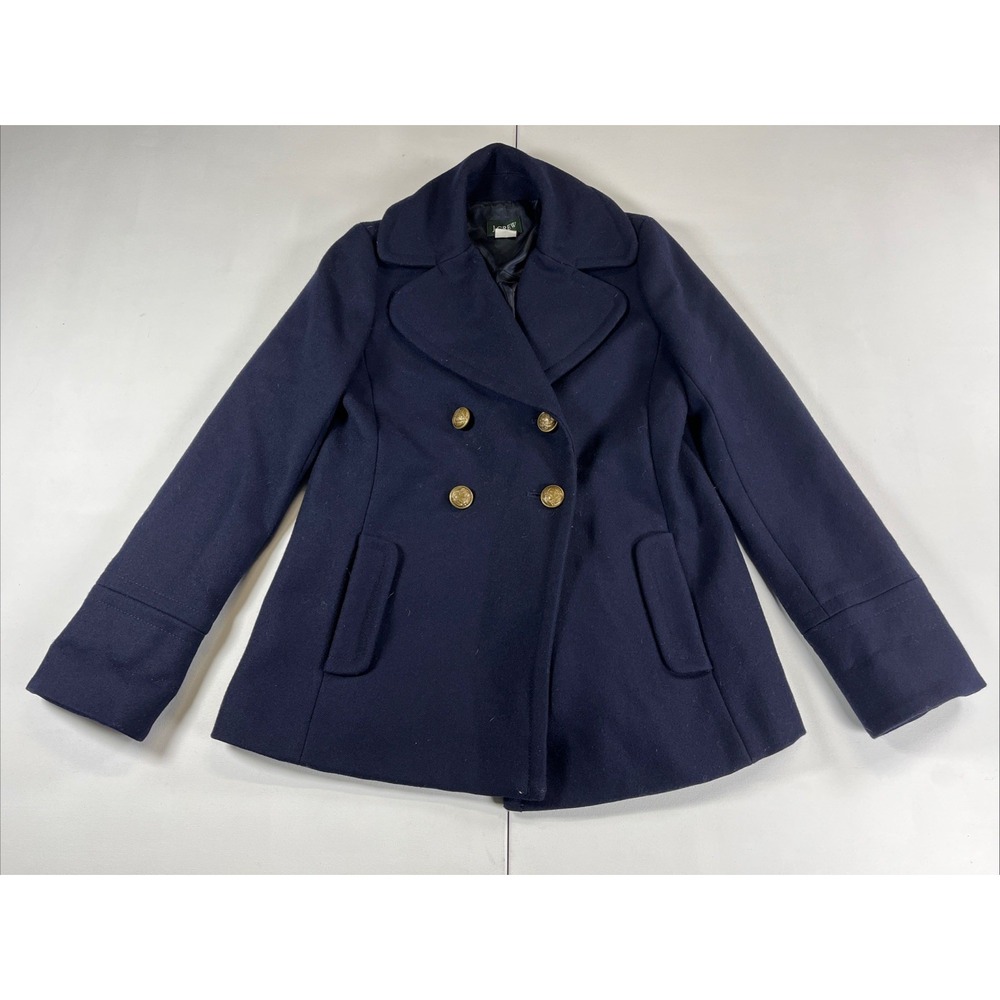 J.Crew 100% Wool Double Breasted Pea Coat Navy Blue Women's Size 2 Gold Buttons
